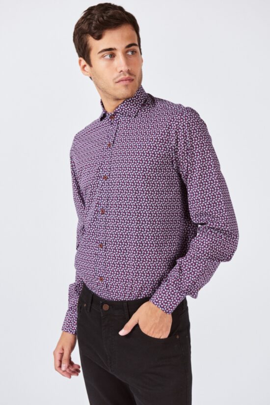 Camisa slim fit mangas largas estampada de algodón
